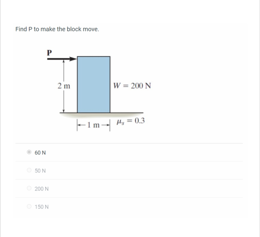 Find P to make the block move.
60 N
50 N
P
200 N
Ⓒ 150 N
2 m
W = 200 N
|--1m- M²₁ = 0.3