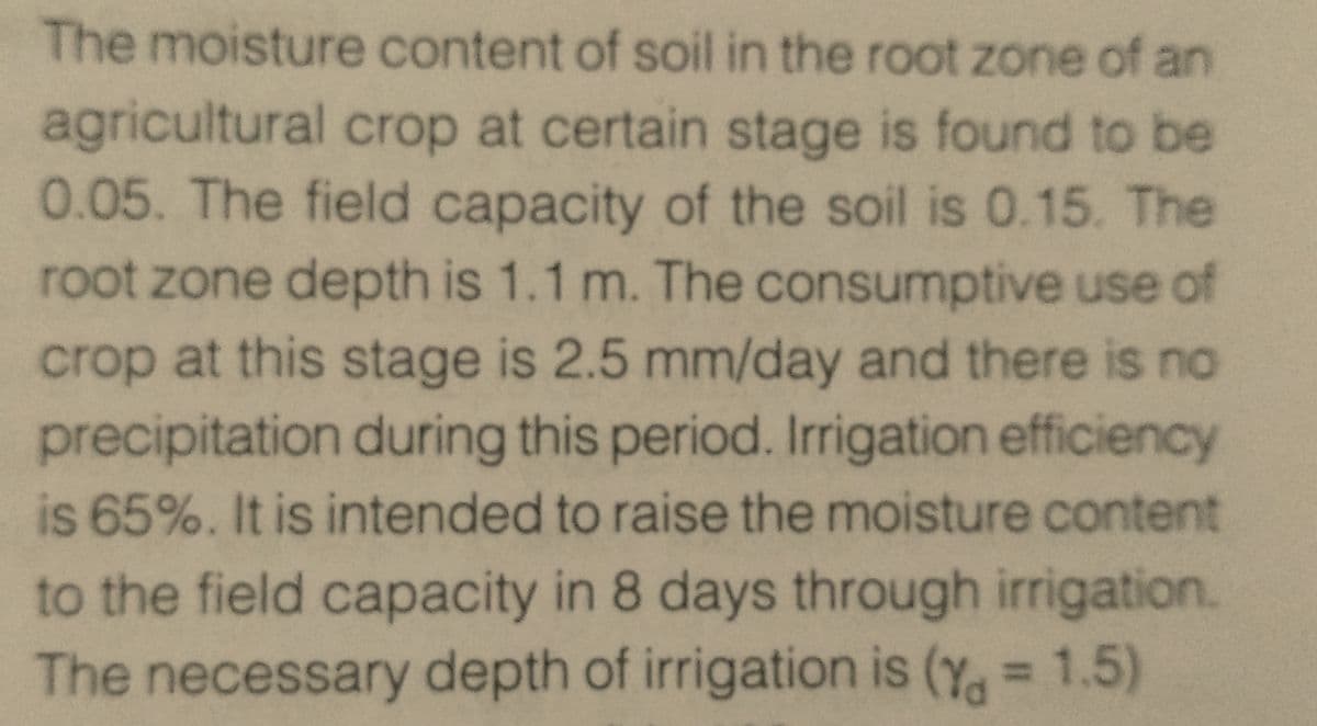 The moisture content of soil in the root zone of an
agricultural crop at certain stage is found to be
0.05. The field capacity of the soil is 0.15. The
root zone depth is 1.1 m. The consumptive use of
crop at this stage is 2.5 mm/day and there is no
precipitation during this period. Irrigation efficiency
is 65%. It is intended to raise the moisture content
to the field capacity in 8 days through irrigation.
The necessary depth of irrigation is (y = 1.5)
(Ya