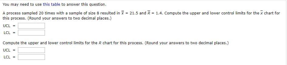 You may need to use this table to answer this question.
A process sampled 20 times with a sample of size 8 resulted in x = 21.5 and R = 1.4. Compute the upper and lower control limits for the x chart for
%3D
this process. (Round your answers to two decimal places.)
UCL =
LCL =
Compute the upper and lower control limits for the R chart for this process. (Round your answers to two decimal places.)
UCL =
LCL =
