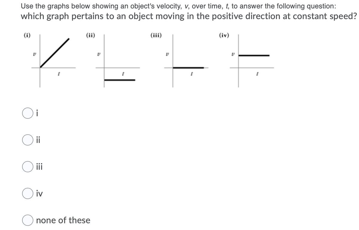 Use the graphs below showing an object's velocity, v, over time, t, to answer the following question:
which graph pertains to an object moving in the positive direction at constant speed?
(i)
(ii)
(iii)
(iv)
i
ii
i
O iv
none of these
