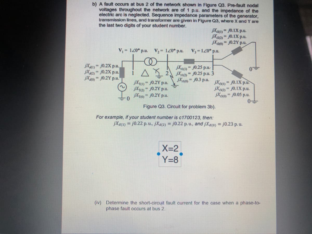 b) A fault occurs at bus 2 of the network shown in Figure Q3. Pre-fault nodal
voltages throughout the network are of 1 p.u. and the impedance of the
electric arc is neglected. Sequence impedance parameters of the generator,
transmission lines, and transformer are given in Figure Q3, where X and Y are
the last two digits of your student number.
JX20 /0.1X p.u.
jXa2) 0.1X p.u.
JX20 j0.2Y p.u.
V,= 120° p.u. V, 120° p.u.
V, 120° p.u.
jX4-70.2X p.u.
jX2 j0.2X p.u.
jX o 0.2Y p.u.
jXncay J0.25 p.u.
jXna J0.25 p.u. 3
jXno0.3 p.u.
jXTu) /0.2Y p.u.
jXra j0.2Y p.u.
- j0.2Y p.u.
Xp-10.1X p.u.
jXa j0.1X p.u.
jXp0)- j0.05 p.u.
0
Figure Q3. Circuit for problem 3b).
For example, if your student number is c1700123, then:
jXac1) = j0.22 p.u., jXac2) = j0.22 p.u., and jXaco) = j0.23 p. u.
X-2
Y=8
(iv) Determine the short-circuit fault current for the case when a phase-to-
phase fault occurs at bus 2.
