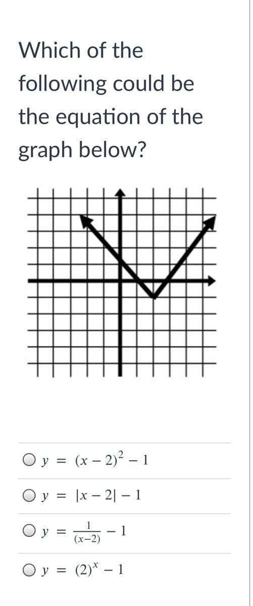 **Graph Equation Identification**

**Question:**
Which of the following could be the equation of the graph below?

**Graph:**
The graph presented is on a standard Cartesian coordinate system with horizontal and vertical axes intersecting at the origin. The graph resembles a "V" shape, typically indicative of an absolute value function, centered at \( x = 2 \) with the vertex opening upwards. 

**Answer Choices:**

- \( \quad \circ \, y = (x - 2)^2 - 1 \) 
- \( \quad \circ \, y = |x - 2| - 1 \) 
- \( \quad \circ \, y = \frac{1}{(x - 2)} - 1 \) 
- \( \quad \circ \, y = (2)^x - 1 \)

The correct answer is: 
**\( \quad \circ \, y = |x - 2| - 1 \)** 

This function represents a "V"-shaped graph whose vertex is at the point \((2, -1)\).