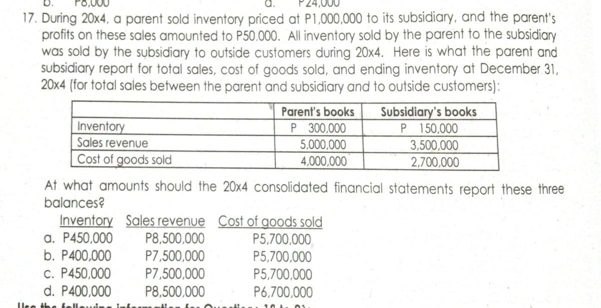 P8,000
a.
P24,000
17. During 20x4, a parent sold inventory priced at P1,000,000 to its subsidiary, and the parent's
profits on these sales amounted to P50,000. All inventory sold by the parent to the subsidiary
was sold by the subsidiary to outside customers during 20x4. Here is what the parent and
subsidiary report for total sales, cost of goods sold, and ending inventory at December 31,
20x4 (for total sales between the parent and subsidiary and to outside customers):
Inventory
Sales revenue
Cost of goods sold
Parent's books
P 300,000
5,000,000
4,000,000
llen th
At what amounts should the 20x4 consolidated financial statements report these three
balances?
Inventory Sales revenue Cost of goods sold
a. P450,000
P8,500,000
P5,700,000
b. P400,000
P7,500,000
P5,700,000
c. P450,000
P7,500,000
P5,700,000
d. P400,000
P8,500,000
P6,700,000
10. 01
Subsidiary's books
P 150,000
3,500,000
2,700,000