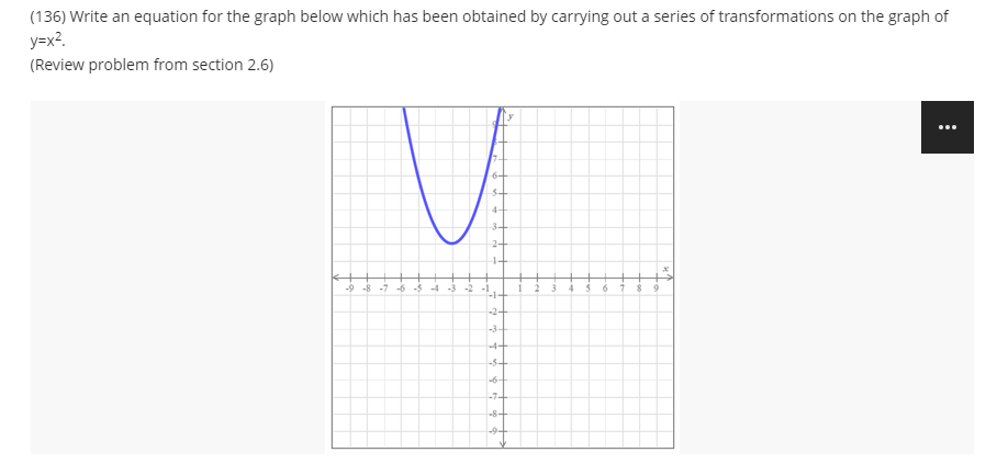 (136) Write an equation for the graph below which has been obtained by carrying out a series of transformations on the graph of
y=x2.
(Review problem from section 2.6)
7-
6-
3-
4-
3+
2+
1+
-9 -8
-4 -3
-1-
-2+
-3+
-4+
-5+
-6-
-7-+
-8-
-9+
