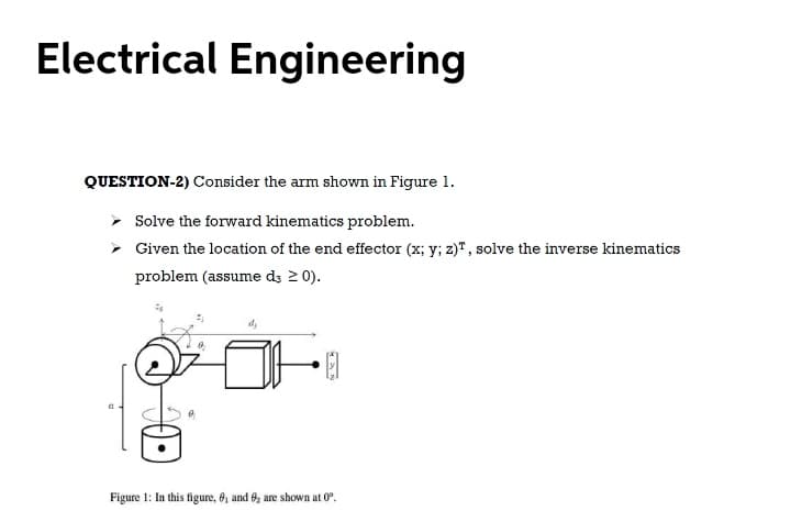 Electrical Engineering
QUESTION-2) Consider the arm shown in Figure 1.
Solve the forward kinematics problem.
Given the location of the end effector (x; y; z)", solve the inverse kinematics
problem (assume dz 2 0).
Figure 1: In this figure, 8, and 0, are shown at 0°.
