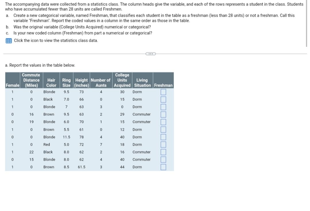 The accompanying data were collected from a statistics class. The column heads give the variable, and each of the rows represents a student in the class. Students
who have accumulated fewer than 28 units are called Freshmen.
a Create a new categorical variable, named Freshman, that classifies each student in the table as a freshman (less than 28 units) or not a freshman. Call this
variable "Freshman". Report the coded values in a column in the same order as those in the table.
b. Was the original variable (College Units Acquired) numerical or categorical?
C.
Is your new coded column (Freshman) from part a numerical or categorical?
Click the icon to view the statistics class data.
a. Report the values in the table below.
Commute
College
Units
Distance
Hair Ring Height Number of
Living
(Miles)
Color Size (inches) Aunts Acquired Situation Freshman
Female
1
0
Blonde 9.5
73
4
30
Dorm
1
0
Black
7.0
66
0
15
Dorm
1
0
Blonde
7
63
3
0
Dormi
0
16
Brown
9.5
63
2
29
Commuter
0
19
Blonde
6.0
70
1
15
Commuter
1
0
Brown
5.5
61
0
12
Dorm
0
Blonde 11.5
78
4
40
Dorm
1
Red
5.0
72
7
18 Dorm
1
Black
8.0
62
2
16
Blonde
8.0
62
4
40
Brown 8.5 61.5
3
44
0
1
0
0
22
15
0
Commuter
Commuter
Dorm
]☐☐☐☐☐☐