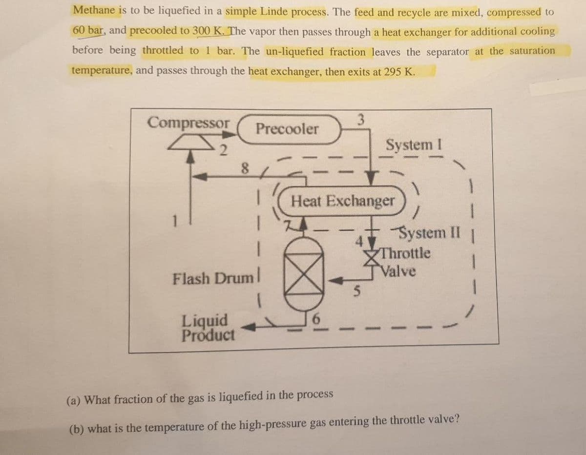 Methane is to be liquefied in a simple Linde process. The feed and recycle are mixed, compressed to
60 bar, and precooled to 300 K. The vapor then passes through a heat exchanger for additional cooling
before being throttled to 1 bar. The un-liquefied fraction leaves the separator at the saturation
temperature, and passes through the heat exchanger, then exits at 295 K.
Compressor
Precooler
3.
System I
Heat Exchanger
System II |
4
Throttle
Valve
Flash Druml
Liquid
Product
(a) What fraction of the gas is liquefied in the process
(b) what is the temperature of the high-pressure gas entering the throttle valve?
