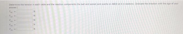 Determine the tension in each cable and the reaction components the ball and socket joint exerts on ABCD at A in newtons. (Indicate the direction with the sign of your
answer.)
FAY
%3D
