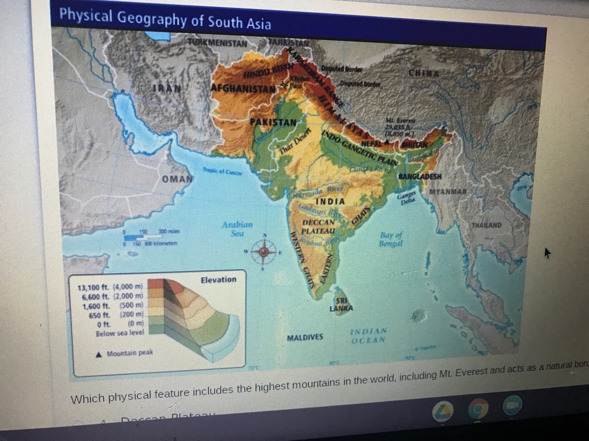 Physical Geography of South Asia
TURKMENISTAN
HINDU KUS
AFGHANISTAN
IRAN
CHINA
isputed borde
PAKISTAN
Mi, Evernt
29.035 A
(&850 m.)
INDO-GANGETIC PLAIN
Thar Deset
Tropic of Cancar
OMAN
BANGLADESH
MYANMAR
INDIA
Ganges
Delia
Arabian
Sea
DECCAN
PLATEAU
150
300 miles
GHATS
THAILAND
Bay of
Bengal
Elevation
13,100 ft. (4,000 m)
6,600 ft (2,000 m)
1,600 ft.
(500 m)
SRI
LANKA
650 ft.
(200 m)
O ft
Below sea level
(0 m)
INDIAN
MALDIVES
A Mountain peak
OCEAN
Which physical feature includes the highest mountains in the world, including Mt. Everest and acts as a natural borc
Decca n DlatO
WESTERN CHATS
