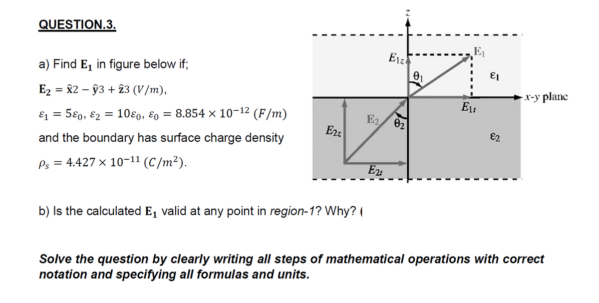 QUESTION.3.
E1
E1z
01
a) Find E, in figure below if;
x-y plane
E2 = 82 – ŷ3 + 23 (V/m),
Et
10ε0, εο
8.854 x 10-12 (F/m)
E2
02
E1 = 580, E2
Ezz
E2
and the boundary has surface charge density
E2:
Ps = 4.427 × 10-11 (C/m²).
b) Is the calculated E, valid at any point in region-1? Why? (
Solve the question by clearly writing all steps of mathematical operations with correct
notation and specifying all formulas and units.
