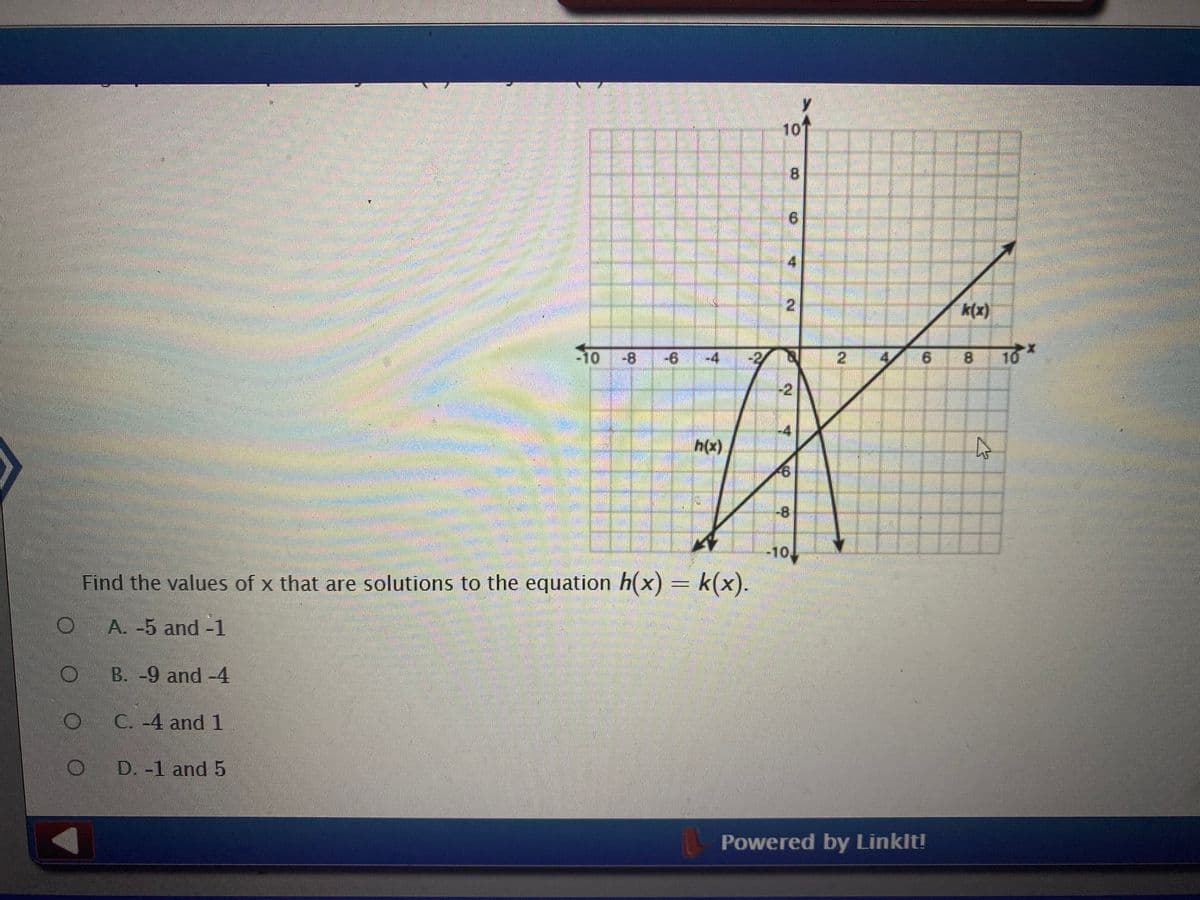 y.
10T
6.
4
2
k(x)
10-8
-6 -4
-2
21
8.
-2
-4
h(x)
-8
-10+
Find the values of x that are solutions to the equation h(x) = k(x).
A. -5 and -1
O B. -9 and -4
O C. -4 and 1
O D. -1 and 5
Powered by Linklt!
6.
O O O
