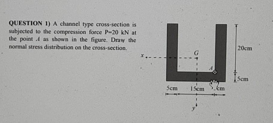 QUESTION 1) A channel type cross-section is
subjected to the compression force P-20 kN at
the point A as shown in the figure. Draw the
normal stress distribution on the cross-section.
20cm
X.-
Scm
5cm
15cm cm
