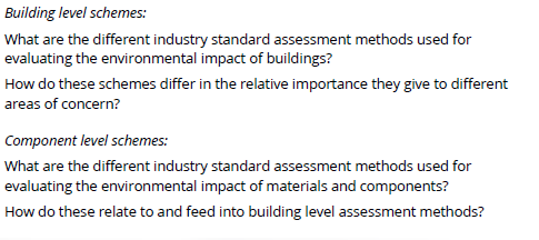 Building level schemes:
What are the different industry standard assessment methods used for
evaluating the environmental impact of buildings?
How do these schemes differ in the relative importance they give to different
areas of concern?
