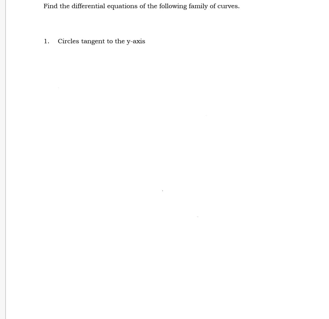 Find the differential equations of the following family of curves.
1. Circles tangent to the y-axis