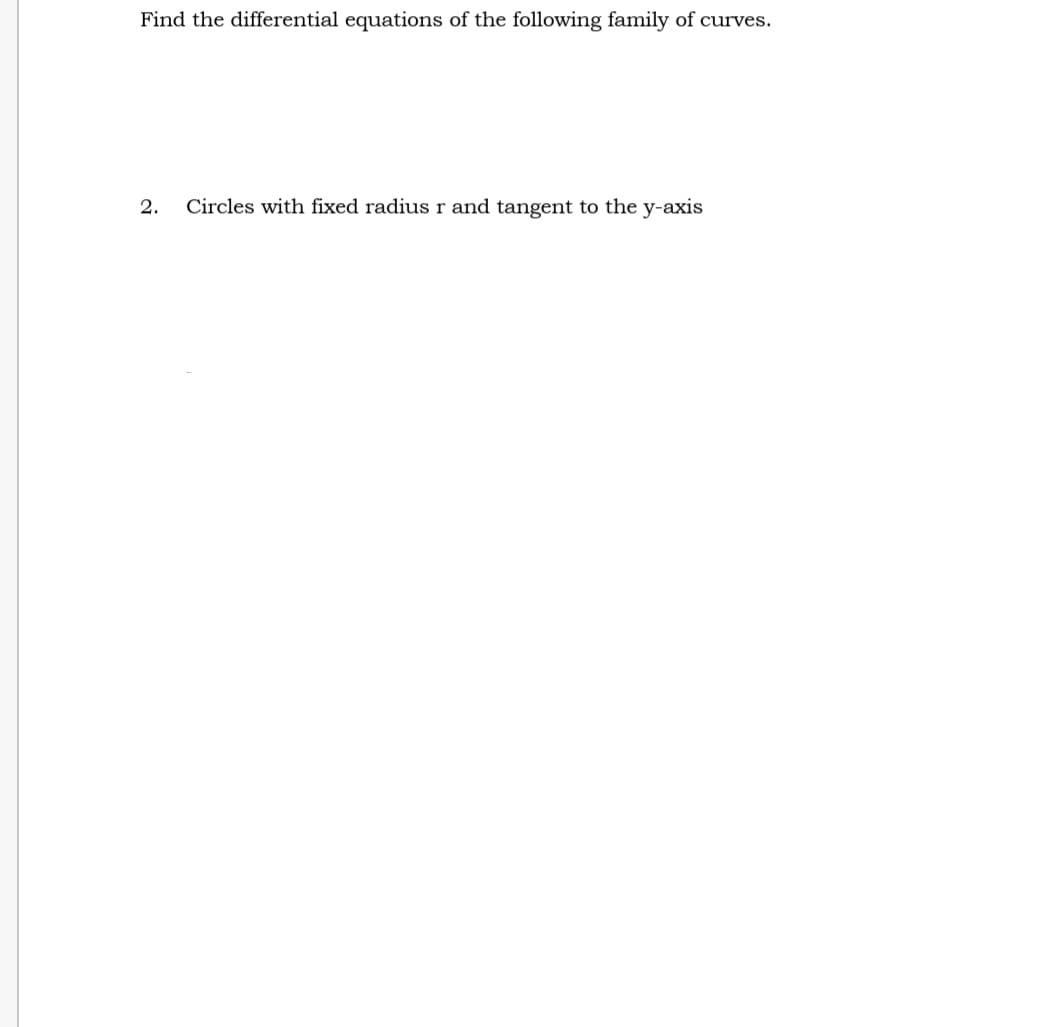 Find the differential equations of the following family of curves.
2. Circles with fixed radius r and tangent to the y-axis