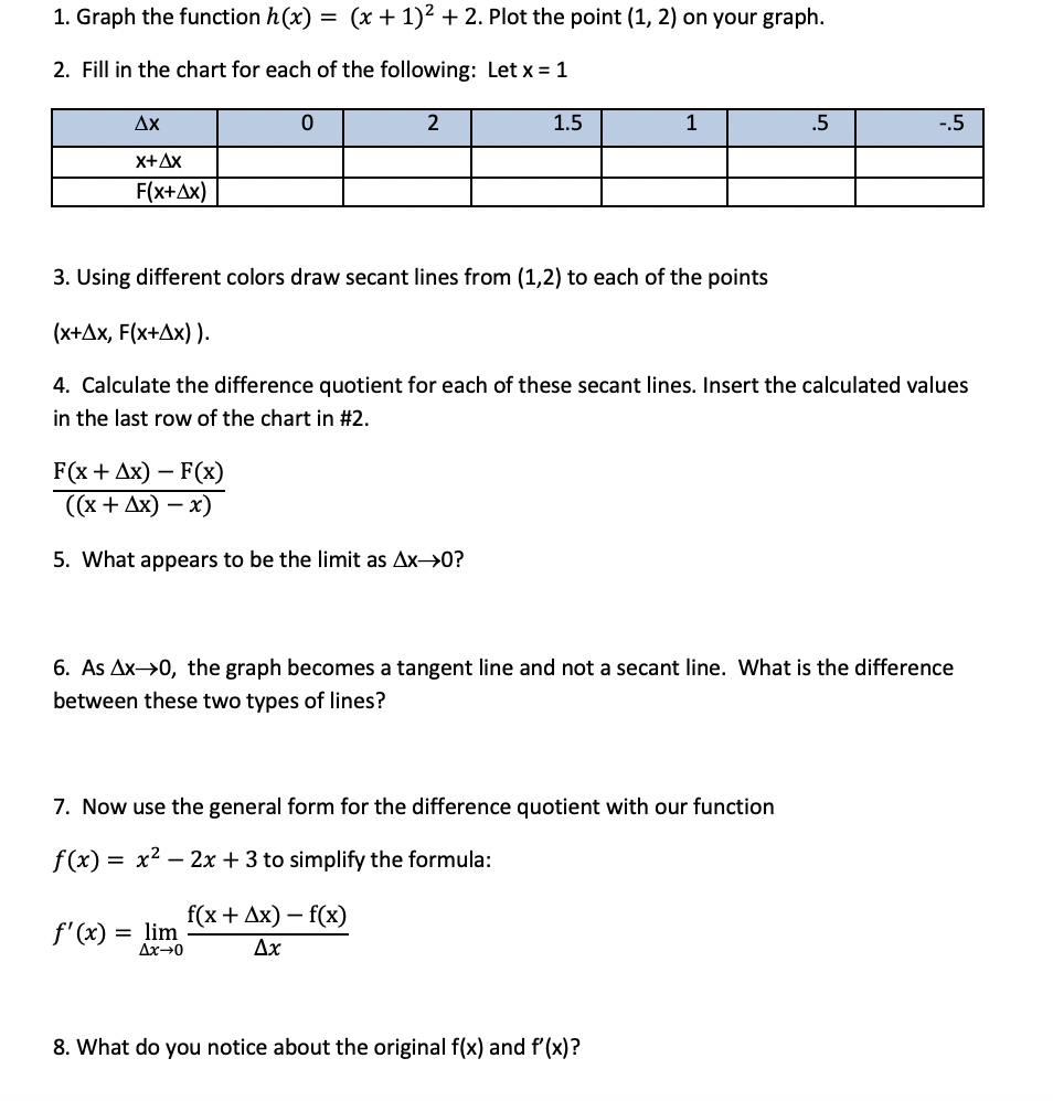 1. Graph the function h(x) = (x + 1)2 + 2. Plot the point (1, 2) on your graph.
2. Fill in the chart for each of the following: Let x = 1
Ax
2
1.5
1
.5
-.5
x+Ax
F(x+Ax)
3. Using different colors draw secant lines from (1,2) to each of the points
(х+Дх, F(x+Дх)).
4. Calculate the difference quotient for each of these secant lines. Insert the calculated values
in the last row of the chart in #2.
F(x + Ax) – F(x)
((х + Дх) — х)
5. What appears to be the limit as Ax->0?
6. As Ax->0, the graph becomes a tangent line and not a secant line. What is the difference
between these two types of lines?
7. Now use the general form for the difference quotient with our function
f(x)
x2 – 2x + 3 to simplify the formula:
f(x + Дх) — f(x)
f'(x) = lim
Дх--0
Дх
8. What do you notice about the original f(x) and f'(x)?
