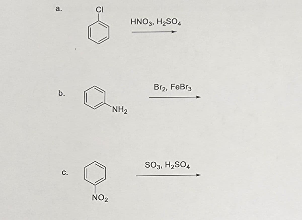 a.
b.
C.
CI
NO₂
NH₂
HNO3, H₂SO4
Br2, FeBr3
SO3, H₂SO4