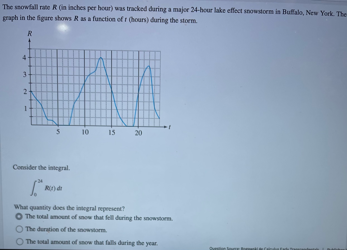 The snowfall rate R (in inches per hour) was tracked during a major 24-hour lake effect snowstorm in Buffalo, New York. The
graph in the figure shows R as a function of t (hours) during the storm.
R
4.
3.
1
10
15
20
Consider the integral.
24
R(t) dt
What quantity does the integral represent?
The total amount of snow that fell during the snowstorm.
The duration of the snowstorm.
The total amount of snow that falls during the year.
Question Source: Rogawski 4e Calculus Farly Transcendentalr
Rublich
2.
