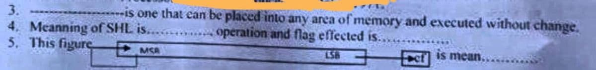 3.
--is one that ean be placed into any area of memory and executed without change.
4, Meanning of SHL is..
5. This figure
operation and flag effected is.
MSA
LSB
et IS mean.
