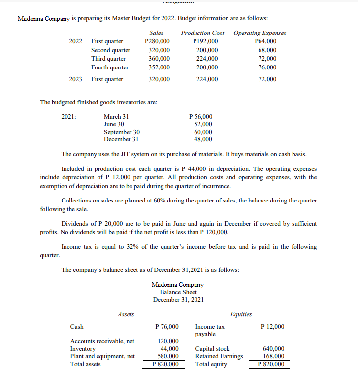 Madonna Company is preparing its Master Budget for 2022. Budget information are as follows:
Sales
Production Cost Operating Expenses
2022 First quarter
P280,000
P192,000
P64,000
200,000
Second quarter
Third quarter
Fourth quarter
320,000
68,000
360,000
224,000
72,000
352,000
200,000
76,000
2023 First quarter
320,000
224,000
72,000
The budgeted finished goods inventories are:
2021:
March 31
P 56,000
June 30
52,000
September 30
December 31
60,000
48,000
The company uses the JIT system on its purchase of materials. It buys materials on cash basis.
Included in production cost each quarter is P 44,000 in depreciation. The operating expenses
include depreciation of P 12,000 per quarter. All production costs and operating expenses, with the
exemption of depreciation are to be paid during the quarter of incurrence.
Collections on sales are planned at 60% during the quarter of sales, the balance during the quarter
following the sale.
Dividends of P 20,000 are to be paid in June and again in December if covered by sufficient
profits. No dividends will be paid if the net profit is less than P 120,000.
Income tax is equal to 32% of the quarter's income before tax and is paid in the following
quarter.
The company's balance sheet as of December 31,2021 is as follows:
Madonna Company
Balance Sheet
December 31, 2021
Assets
Equities
Cash
P 76,000
Income tax
P 12,000
payable
Accounts receivable, net
Inventory
Plant and equipment, net
Total assets
120,000
44,000
580,000
P 820,000
Capital stock
Retained Earnings
Total equity
640,000
168,000
P 820,000
