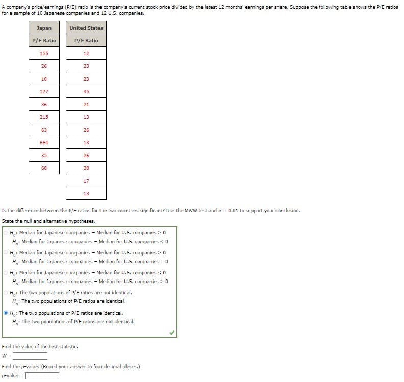 A company's price/earnings (P/E) ratio is the company's current stock price divided by the latest 12 months' earnings per share. Suppose the following table shows the P/E ratios
for a sample of 10 Japanese companies and 12 U.S. companies.
Japan
United States
P/E Ratio
P/E Ratio
155
12
26
23
18
23
127
45
36
21
215
13
63
26
664
13
35
26
68
38
17
13
Is the difference between the P/E ratios for the two countries significant? Use the MWW test and a = 0.01 to support your conclusion.
State the null and alternative hypotheses.
H: Median for Japanese companies - Median for U.S. companies 20
H: Median for Japanese companies - Median for U.S. companies < 0
ⒸH: Median for Japanese companies - Median for U.S. companies > 0
H₂: Median for Japanese companies - Median for U.S. companies = 0
ⒸH: Median for Japanese companies - Median for U.S. companies ≤ 0
H₂: Median for Japanese companies - Median for U.S. companies > 0
OH: The two populations of P/E ratios are not identical.
H: The two populations of P/E ratios are identical.
ⒸH: The two populations of P/E ratios are identical.
H₂: The two populations of P/E ratios are not identical.
Find the value of the test statistic.
W =
Find the p-value. (Round your answer to four decimal places.)
p-value =