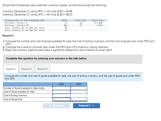 Simple Plan Enterprises uses a perlodic Inventory system. Its records showed the following:
Inventory, December 31, using FIFO - 44 Units @ $17 = $748
Inventory, December 31, using LIFO – 44 Units @ $13 = $572
Transactions in the Following Year
Purchase, January 9
Purchase, January 20
Sale, January 11 (at $41 per unit)
Sale, January 27 (at $42 per unit)
Units
Unit Cost
Total Cost
$ 1,088
2,014
56
18
106
19
86
62
Required:
1. Compute the number and cost of goods avallable for sale, the cost of ending Inventory, and the cost of goods sold under FIFO and
LIFO.
2 Compute the Inventory turnover ratio under the FIFO and LIFO Inventory costing methods.
3. Does the Inventory method used make a significant difference In the Inventory turnover ratlo?
Complete this question by entering your answers in the tabs below.
Required 1
Required 2
Required 3
Compute the number and cost of goods available for sale, the cost of ending inventory, and the cost of goods sold under FIFO
and LIFO.
FIFO
LIFO
Number of Goods Available for Sale (Units)
Cost of Goods Available for Sale
Cost of Ending Inventory
Cost of Goods Sold
< Required 1
Required 2 >
