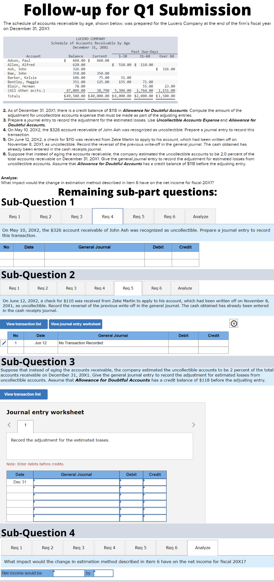 Follow-up for Q1 Submission
The schedule of accounts receivable by age, shown below, was prepared for the Lucero Company at the end of the firm's fiscal year
on December 31, 20X1:
LUCERO COMPANY
Schedule of Accounts Receivable by Age
December 31, 20X1
Past Due-Days
31-60
Account
1-30
Balance
660.00 $
Current
Over 60
Adson, Paul
Allen, Alfred
Ash, John
$
620.00
326.00
350.00
106.00
351.00
78.00
47,009.00
660.00
$ 510.00 $ 110.00
$ 326.00
Вае, John
Barker, Kelsie
Bentley, Maggie
Blair, Herman
(All other accts.)
350.00
75.00
125.00
31.00
155.00
71.00
55.00
23.00
38,790 5,304.00 1,764.00 1,151.00
Totals
$49,500.00 $40,000.00 $6,000.00 $2,000.00 $1,500.00
2. As of December 31, 20X1, there is a credit balance of $118 in Allowance for Doubtful Accounts. Compute the amount of the
adjustment for uncollectible accounts expense that must be made as part of the adjusting entries.
3. Prepare a journal entry to record the adjustment for the estimated losses. Use Uncollectible Accounts Expense and Allowance for
Doubtful Accounts.
4. On May 10, 20X2, the $326 account receivable of John Ash was recognized as uncollectible. Prepare a journal entry to record this
transaction.
5. On June 12, 20X2, a check for $110 was received from Zeke Martin to apply to his account, which had been written off on
November 8, 20X1, as uncollectible. Record the reversal of the previous write-off in the general journal. The cash obtained has
already been entered in the cash receipts journal.
6. Suppose that instead of aging the accounts receivable, the company estimated the uncollectible accounts to be 2.0 percent of the
total accounts receivable on December 31, 20X1. Give the general journal entry to record the adjustment for estimated losses from
uncollectible accounts. Assume that Allowance for Doubtful Accounts has a credit balance of $118 before the adjusting entry.
Analyze:
What impact would the change in estimation method described in item 6 have on the net income for fiscal 20X1?
Remaining sub-part questions:
Sub-Question 1
Req 1
Req 2
Reg 3
Req 4
Req 5
Req 6
Analyze
On May 10, 20X2, the $326 account receivable of John Ash was recognized as uncollectible. Prepare a journal entry to record
this transaction.
No
Date
General Journal
Debit
Credit
Sub-Question 2
Req 1
Req 2
Req 3
Req 4
Req 5
Reg 6
Analyze
On June 12, 20X2, a check for $110 was received from Zeke Martin to apply to his account, which had been written off on November 8,
20X1, as uncollectible. Record the reversal of the previous write-off in the general journal. The cash obtained has already been entered
in the cash receipts journal.
View transaction list
View journal entry worksheet
No
Date
General Journal
Debit
Credit
1
Jun 12
No Transaction Recorded
Sub-Question 3
Suppose that instead of aging the accounts receivable, the company estimated the uncollectible accounts to be 2 percent of the total
accounts receivable on December 31, 20X1. Give the general journal entry to record the adjustment for estimated losses from
uncollectible accounts. Assume that Allowance for Doubtful Accounts has a credit balance of $118 before the adjusting entry.
View transaction list
Journal entry worksheet
1
>
Record the adjustment for the estimated losses.
Note: Enter debits before credits.
Date
General Journal
Debit
Credit
Dec 31
Sub-Question 4
Req 1
Req 2
Req 3
Req 4
Req 5
Req 6
Analyze
What impact would the change in estimation method described in item 6 have on the net income for fiscal 20X1?
Net income would be
by
