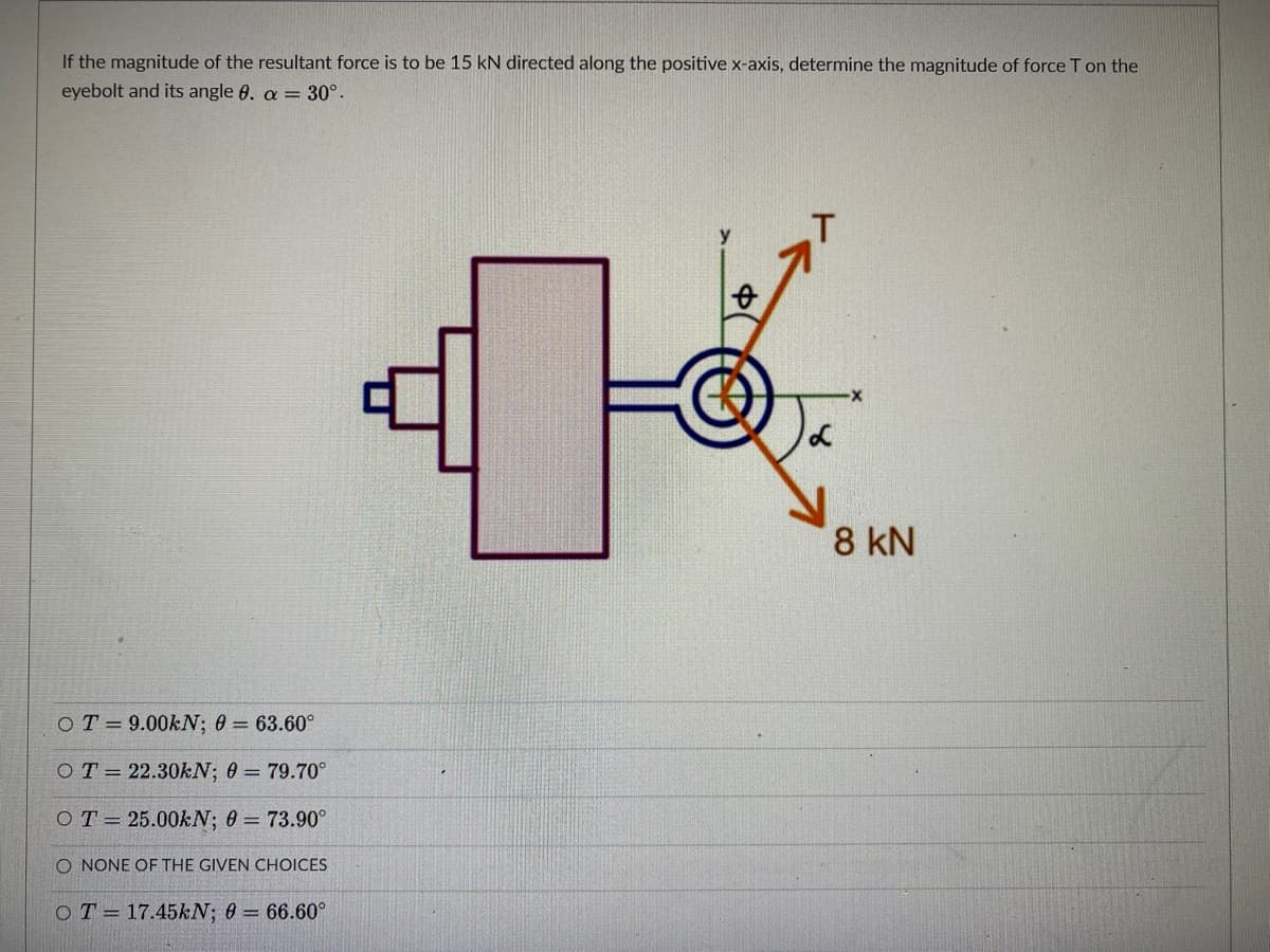 If the magnitude of the resultant force is to be 15 kN directed along the positive x-axis, determine the magnitude of force T on the
eyebolt and its angle 0. a = 30°.
8 kN
OT = 9.00KN; 0 = 63.60°
OT= 22.30KN; 0 = 79.70°
OT= 25.00KN; 0 = 73.90°
O NONE OF THE GIVEN CHOICES
OT= 17.45KN; 0 = 66.60°
