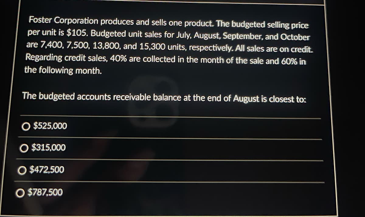 Foster Corporation produces and sells one product. The budgeted selling price
per unit is $105. Budgeted unit sales for July, August, September, and October
are 7,400, 7,500, 13,800, and 15,300 units, respectively. All sales are on credit.
Regarding credit sales, 40% are collected in the month of the sale and 60% in
the following month.
The budgeted accounts receivable balance at the end of August is closest to:
O $525,000
O $315,000
O $472,500
O $787,500