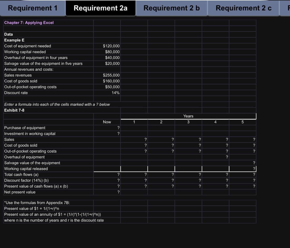 Requirement 1
Chapter 7: Applying Excel
Requirement 2a
Data
Example E
Cost of equipment needed
Working capital needed
Overhaul of equipment in four years
Salvage value of the equipment in five years
Annual revenues and costs:
Sales revenues
Cost of goods sold
Out-of-pocket operating costs
Discount rate
Purchase of equipment
Investment in working capital
Sales
Cost of goods sold
Out-of-pocket operating costs
Overhaul of equipment
Salvage value of the equipment
Working capital released
Total cash flows (a)
Discount factor (14%) (b)
Present value of cash flows (a) x (b)
Net present value
$120,000
$80,000
$40,000
$20,000
$255,000
$160,000
$50,000
14%
Enter a formula into each of the cells marked with a ? below
Exhibit 7-8
Now
*Use the formulas from Appendix 7B:
Present value of $1 = 1/(1+r)^n
Present value of an annuity of $1 = (1/r)*(1-(1/(1+r)^n))
where n is the number of years and r is the discount rate
?
?
?
?
?
?
1
Requirement 2 b
?
?
?
?
?
?
2
?
?
?
?
?
?
Years
3
?
?
?
?
?
?
Requirement 2 c
4
?
?
?
?
?
?
?
5
?
?
?
?
?
?
?
?
F