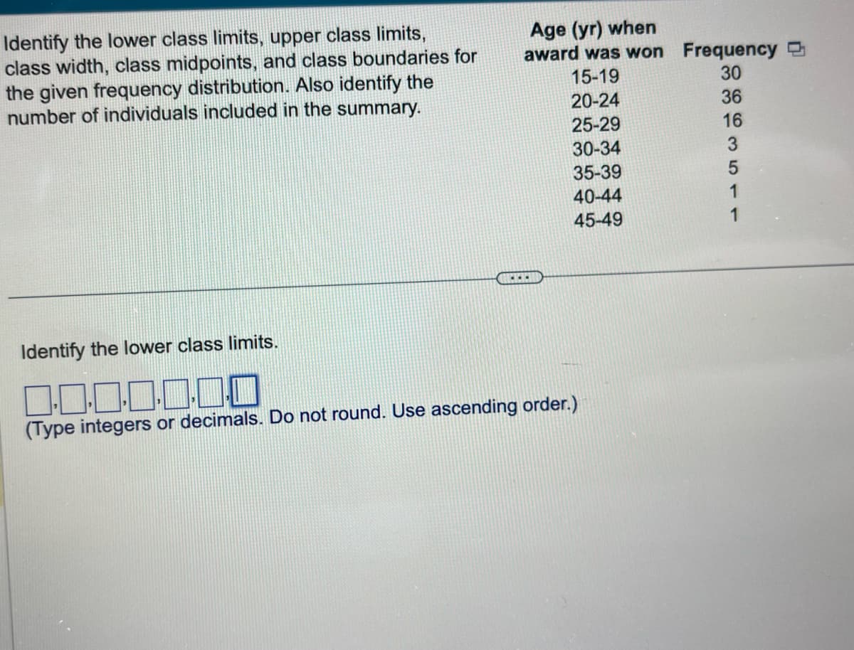 Identify the lower class limits, upper class limits,
class width, class midpoints, and class boundaries for
the given frequency distribution. Also identify the
number of individuals included in the summary.
Age (yr) when
award was won
15-19
20-24
25-29
30-34
35-39
40-44
45-49
...
Identify the lower class limits.
0.0.0.0.0.0.0
(Type integers or decimals. Do not round. Use ascending order.)
Frequency
30
36
16
3
5
1
1