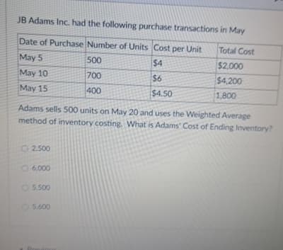 JB Adams Inc. had the following purchase transactions in May
Date of Purchase Number of Units Cost per Unit
Total Cost
May 5
$4
$2,000
May 10
$6
$4,200
May 15
$4.50
1,800
Adams sells 500 units on May 20 and uses the Weighted Average
method of inventory costing. What is Adams' Cost of Ending Inventory?
2.500
6,000
5.500
500
700
400
5.600