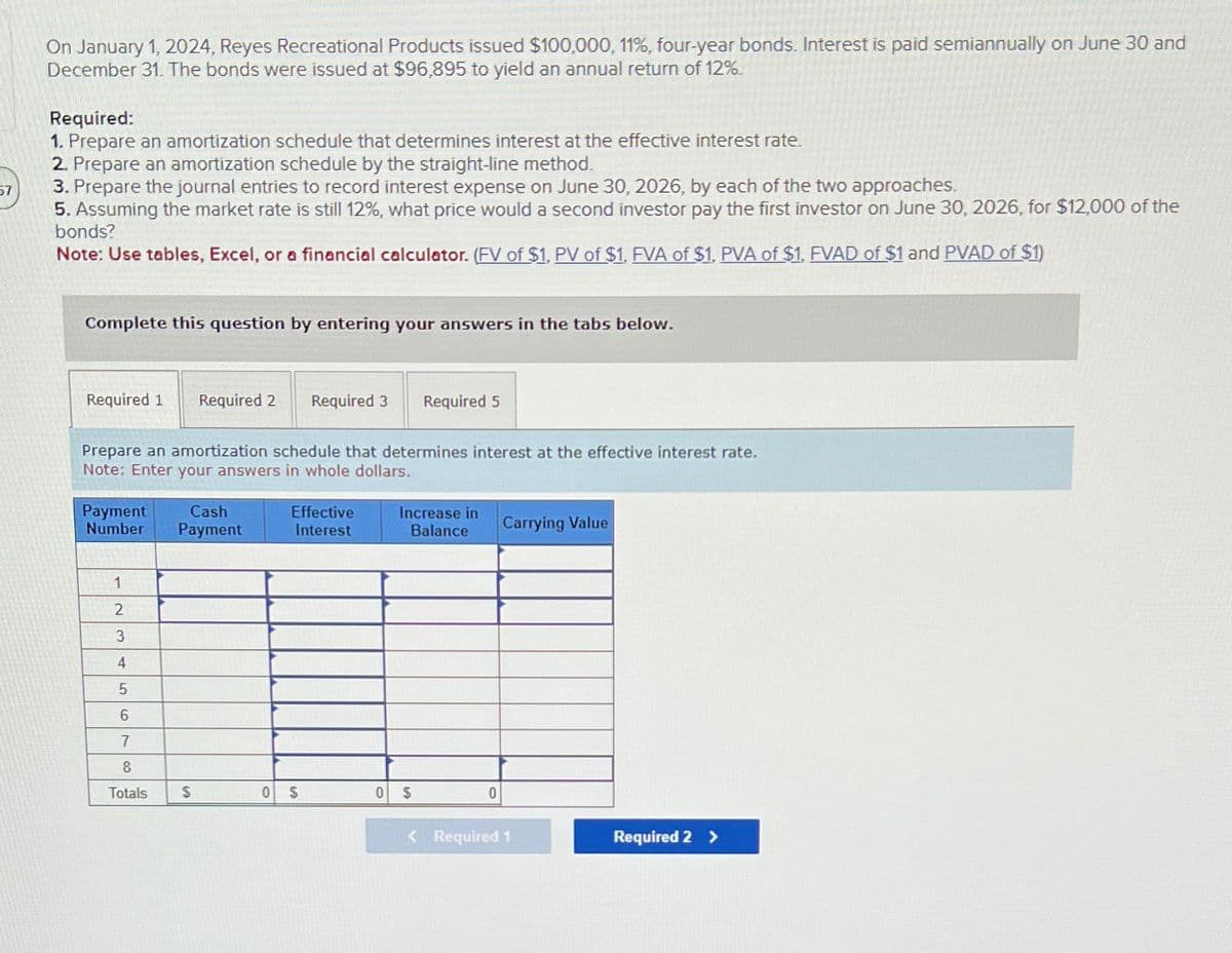 57
On January 1, 2024, Reyes Recreational Products issued $100,000, 11%, four-year bonds. Interest is paid semiannually on June 30 and
December 31. The bonds were issued at $96,895 to yield an annual return of 12%.
Required:
1. Prepare an amortization schedule that determines interest at the effective interest rate.
2. Prepare an amortization schedule by the straight-line method.
3. Prepare the journal entries to record interest expense on June 30, 2026, by each of the two approaches.
5. Assuming the market rate is still 12%, what price would a second investor pay the first investor on June 30, 2026, for $12,000 of the
bonds?
Note: Use tables, Excel, or a financial calculator. (FV of $1, PV of $1. FVA of $1, PVA of $1, FVAD of $1 and PVAD of $1)
Complete this question by entering your answers in the tabs below.
Required 1 Required 2 Required 3 Required 5
Prepare an amortization schedule that determines interest at the effective interest rate.
Note: Enter your answers in whole dollars.
Payment
Number
1
2
3
4
5
6
7
8
Totals
Cash
Payment
S
Effective
Interest
0 $
Increase in
Balance Carrying Value
0 $
0
< Required 1
Required 2 >