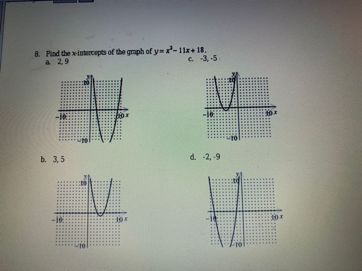 8. Find the x-intercepts of the graph of y= x-11x+ 18.
a 2,9
с. -3, -5
0よ
10:
10x
10
b. 3,5
d. -2, -9
10:
10
23
出
主 中
%23
主
%23
拼
%23
%23
出
