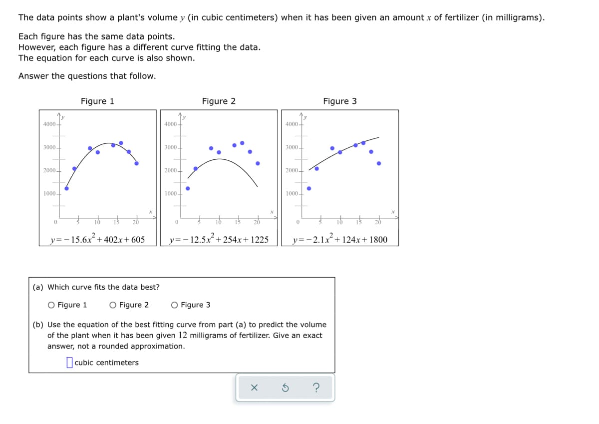 The data points show a plant's volume y (in cubic centimeters) when it has been given an amount x of fertilizer (in milligrams).
Each figure has the same data points.
However, each figure has a different curve fitting the data.
The equation for each curve is also shown.
Answer the questions that follow.
Figure 1
Figure 2
Figure 3
4000+
4000-
4000-
3000-
3000-
3000-
2000-
2000
2000
1000-
1000
1000-
y=-15.6x+ 402.x+ 605
y=-12.5x + 254x+ 1225
y= -2.1x + 124x+ 1800
(a) Which curve fits the data best?
O Figure 1
O Figure 2
O Figure 3
(b) Use the equation of the best fitting curve from part (a) to predict the volume
of the plant when it has been given 12 milligrams of fertilizer. Give an exact
answer, not a rounded approximation.
|cubic centimeters
