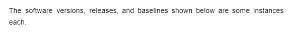 The software versions, releases, and baselines shown below are some instances
each.