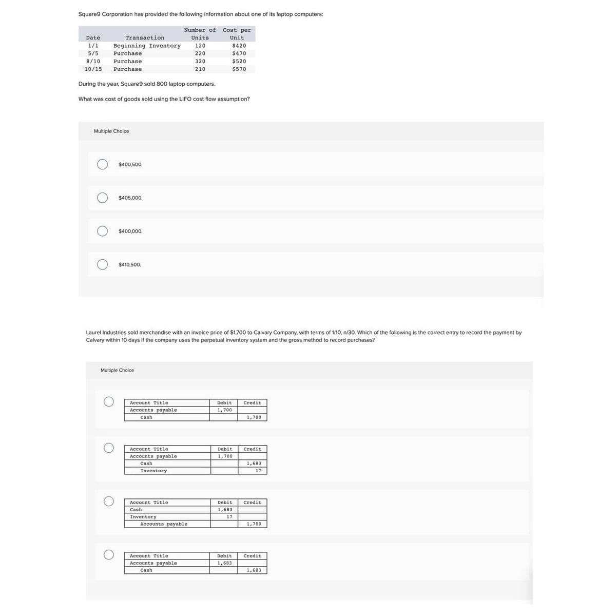 Square9 Corporation has provided the following information about one of its laptop computers:
Number of Cost per
Units
120
220
320
210
Date
1/1
Beginning Inventory
5/5 Purchase.
8/10 Purchase
10/15
Purchase
Multiple Choice
O
Transaction
During the year, Square9 sold 800 laptop computers.
What was cost of goods sold using the LIFO cost flow assumption?
O
O
$400,500.
O
$405,000.
$400,000.
Multiple Choice
$410,500.
Laurel Industries sold merchandise with an invoice price of $1,700 to Calvary Company, with terms of 1/10, n/30. Which of the following is the correct entry to record the payment by
Calvary within 10 days if the company uses the perpetual inventory system and the gross method to record purchases?
Account Title
Accounts payable
Cash
Account Title
Accounts payable
Cash
Inventory
Account Title
201
O Cash
Inventory
Unit
Accounts payable
Account Title
Accounts payable
Cash
$420
$470
$520
$570
Debit Credit
1,700
1,700
Debit
Debit
1,683
Debit
17
1,683
1,700
Credit
1,683
17
Credit
1,700
Credit
1,683