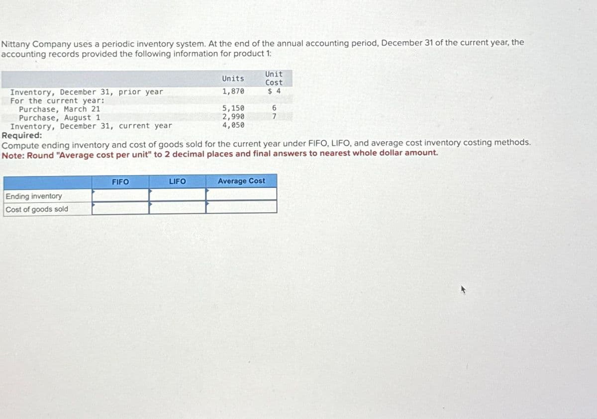 Nittany Company uses a periodic inventory system. At the end of the annual accounting period, December 31 of the current year, the
accounting records provided the following information for product 1:
Inventory, December 31, prior year
For the current year:
Purchase, March 21
Ending inventory
Cost of goods sold
FIFO
Units
1,870
LIFO
5,150
2,990
4,050
Purchase, August 1
Inventory, December 31, current year
Required:
Compute ending inventory and cost of goods sold for the current year under FIFO, LIFO, and average cost inventory costing methods.
Note: Round "Average cost per unit" to 2 decimal places and final answers to nearest whole dollar amount.
Unit
Cost
$4
6
7
Average Cost