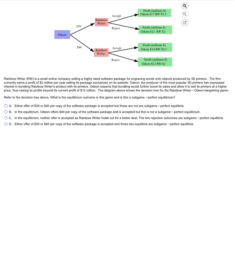 Profit (millions $)
Odcon $17 RW S3.5
Accept
Rainbow
Writer
$30
Reject
Profit (millions $)
Odeon $12 RW $2
Odeon
Profit (millions $)
$40
Accept
Odeon S14 RW $4.5
Rainbow
Writer
Profit (millions S)
Odcon $12 RW S2
Reject
Rainbow Writer (Rw) is a small online company selling a highly rated software package for engraving words onto objects produced by 3D printers. The firm
currently earns a profit of $2 million per year selling its package exclusively on its website. Odeon, the producer of the most popular 3D printers has expressed
interest in bundling Rainbow Writer's product with its printers. Odeon expects that bundling would further boost its sales and allow it to sell its printers at a higher
price, thus raising its profits beyond its current profit of $12 million. The diagram above shows the decision tree for the Rainbow Writer - Odeon bargaining game.
Refer to the decision tree above. What is the equilibrium outcome in this game and is this a subgame - perfect equilibrium?
O A. Either offer of $30 or $40 per copy of the software package is accepted but these are not are subgame - perfect equilibria.
O B. In the equilibrium, Odeon offers $40 per copy of the software package and is accepted but this is not a subgame - perfect equilibrium.
c. In the equilibrium, neither offer is accepted as Rainbow Writer holds out for a better deal. The two rejection outcomes are subgame - perfect equilibria.
O D. Either offer of $30 or $40 per copy of the software package is accepted and these two equilibria are subgame - perfect equilibria.
