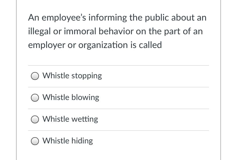 An employee's informing the public about an
illegal or immoral behavior on the part of an
employer or organization is called
Whistle stopping
Whistle blowing
Whistle wetting
Whistle hiding
