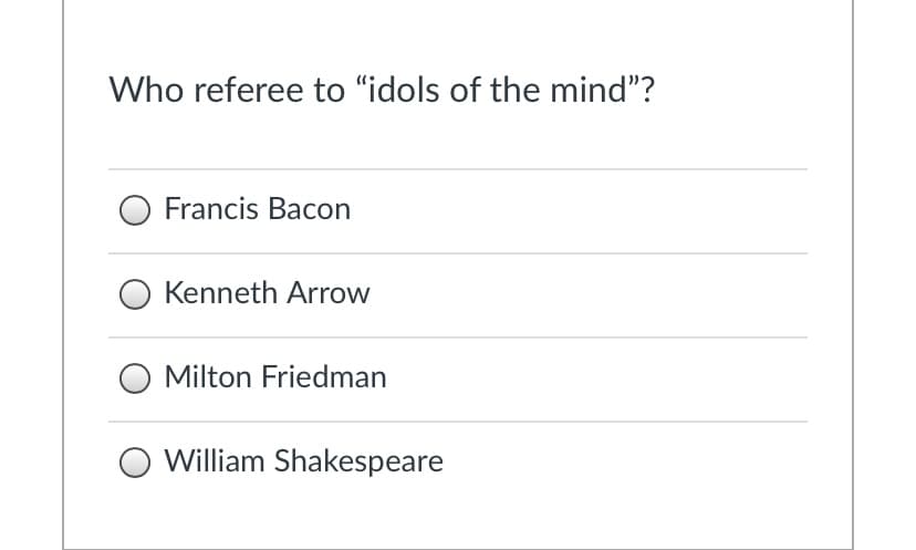 Who referee to "idols of the mind"?
Francis Bacon
O Kenneth Arrow
Milton Friedman
William Shakespeare
