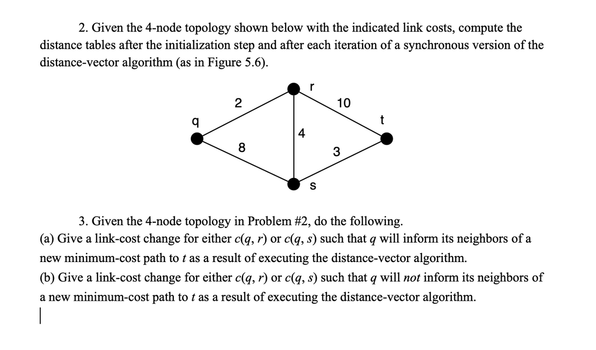 2. Given the 4-node topology shown below with the indicated link costs, compute the
distance tables after the initialization step and after each iteration of a synchronous version of the
distance-vector algorithm (as in Figure 5.6).
q
2
8
4
r
S
10
3
3. Given the 4-node topology in Problem #2, do the following.
(a) Give a link-cost change for either c(q, r) or c(q, s) such that q will inform its neighbors of a
new minimum-cost path to t as a result of executing the distance-vector algorithm.
(b) Give a link-cost change for either c(q, r) or c(q, s) such that q will not inform its neighbors of
a new minimum-cost path to t as a result of executing the distance-vector algorithm.
1