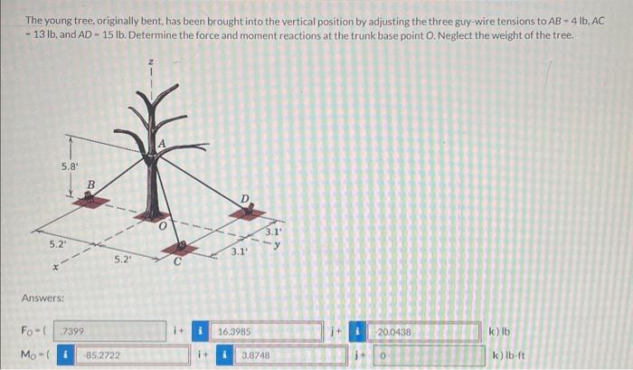 The young tree, originally bent, has been brought into the vertical position by adjusting the three guy-wire tensions to AB - 4 lb. AC
- 13 lb, and AD = 15 lb. Determine the force and moment reactions at the trunk base point O. Neglect the weight of the tree.
5.8¹
5.2¹
Answers:
Fo-7399
Mo (
B
f
5.2
85.2722
3.1'
16.3985
3.1'
3.8748
20.0438
M
k) lb
k) lb-ft