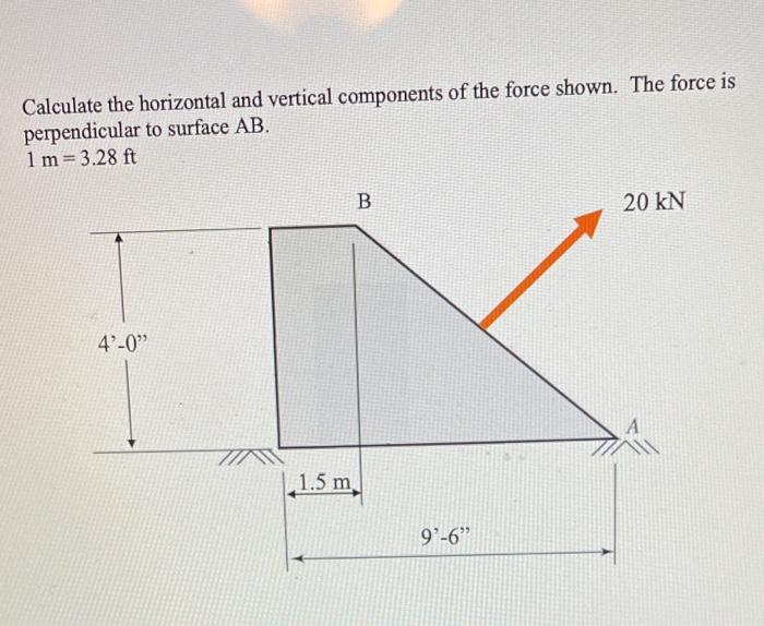 Calculate the horizontal and vertical components of the force shown. The force is
perpendicular to surface AB.
1 m = 3.28 ft
4'-0"
1.5 m
B
9'-6"
20 KN