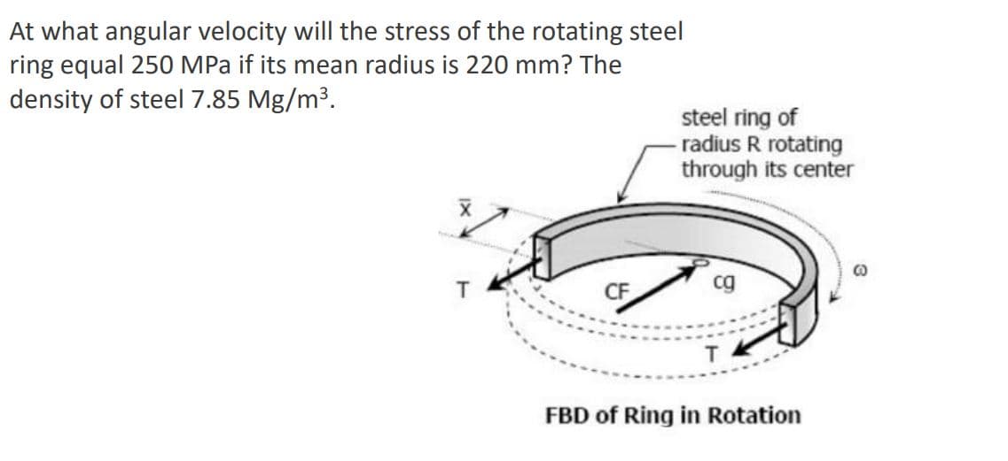 At what angular velocity will the stress of the rotating steel
ring equal 250 MPa if its mean radius is 220 mm? The
density of steel 7.85 Mg/m³.
T
CF
steel ring of
radius R rotating
through its center
cg
FBD of Ring in Rotation