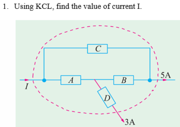 1. Using KCL, find the value of current I.
A
с
D
B
3A
15A