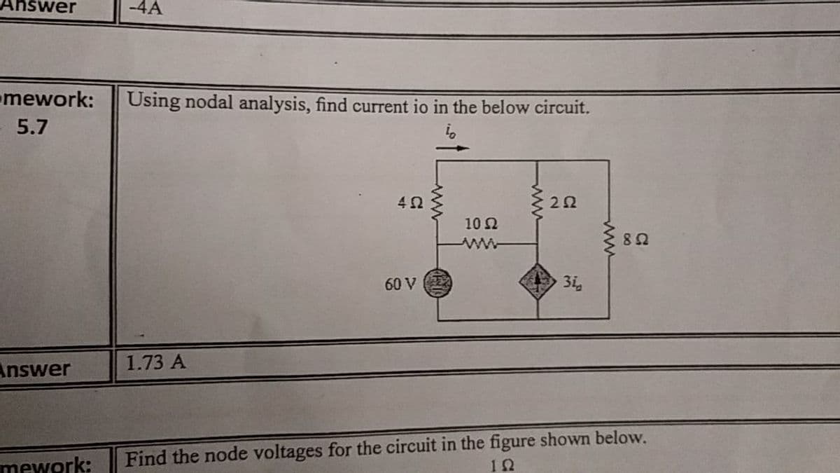 Answer
-4A
mework:
Using nodal analysis, find current io in the below circuit.
5.7
22
102
60 V
3i
1.73 A
Answer
mework:
Find the node voltages for the circuit in the figure shown below.
12
ww
