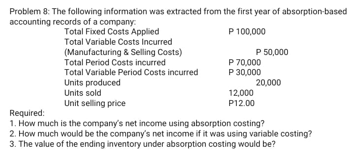 Problem 8: The following information was extracted from the first year of absorption-based
accounting records of a company:
P 100,000
Total Fixed Costs Applied
Total Variable Costs Incurred
(Manufacturing & Selling Costs)
Total Period Costs incurred
P 50,000
P 70,000
P 30,000
Total Variable Period Costs incurred
Units produced
Units sold
20,000
12,000
P12.00
Unit selling price
Required:
1. How much is the company's net income using absorption costing?
2. How much would be the company's net income if it was using variable costing?
3. The value of the ending inventory under absorption costing would be?
