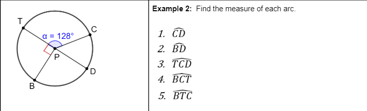 Example 2: Find the measure of each arc.
C
a = 128°
1. CD
2. BD
3. ТCD
4. ВСТ
5. ВТС
B,
