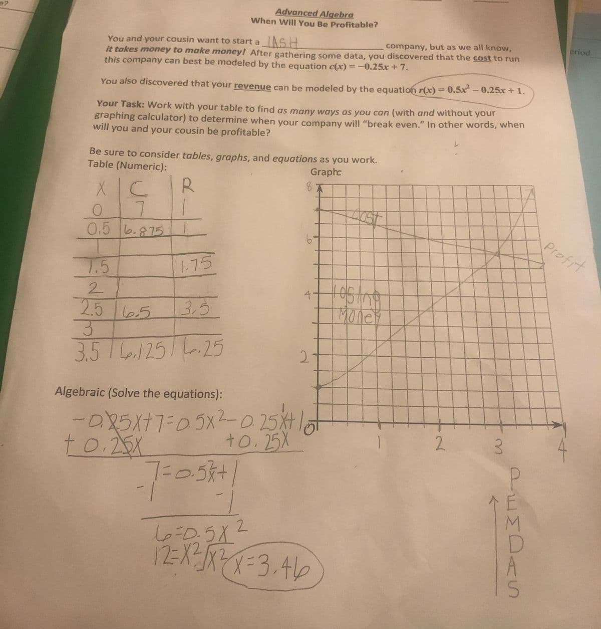 Advanced Algebra
When Will You Be Profitable?
eriod
You and your cousin want to start a AS H
it takes money to make money! After gathering some data, you discovered that the cost to run
this company can best be modeled by the equation c(x)=-0.25x+7.
company, but as we all know,
You also discovered that your revenue can be modeled by the equation r(x)3D0.5x-0.25x +1.
Your Task: Work with your table to find as many ways as you can (with and without your
graphing calculator) to determine when your company will "break even." In other words, when
will you and your cousin be profitable?
Be sure to consider tables, graphs, and equations as you work.
Table (Numeric):
Graph:
R.
7.
0.5 b.875
Profit
T.5
1.75
2.
2.5 le5
6,5
3,5
Money
3.51L.125/.25
2
Algebraic (Solve the equations):
t0.25X
3.
to.25x
7-0.5k+|
6-0.5X2
12:X3
3.46
PEMDAS
2.
4.
